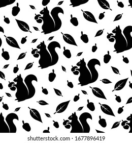 Black and White Seamless squirrel and acorn pattern