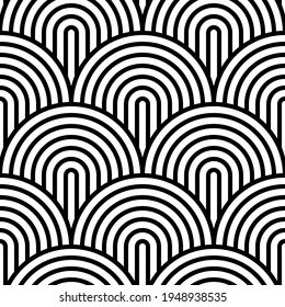 Black and white seamless striped seigaiha pattern. Simple wavy print for textiles, packaging. Vector illustration.