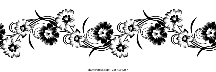 Black and white seamless stroke flower border design