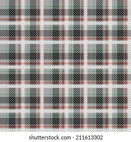 Black and white seamless tartan with thin red and green stripes. Vector illustration.