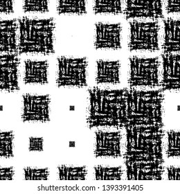 Black and White Seamless Textile Pattern. Vintage African Print Design. Cloth Pattern with Scattered Messy Squares. Vintage Rusty Check Textile Design.