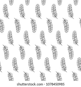 Black and white seamless texture with birds feathers. Feather. Vector illustration