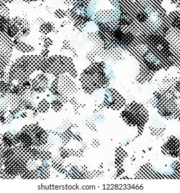 Black and white seamless texture with blue inclusion. Blots, stripes and dots. Abstract vector background for web page, banners backdrop, fabric, home decor, wrapping