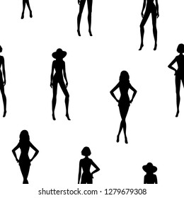Black and white seamless texture. Different silhouettes of fashion models. Vector illustration