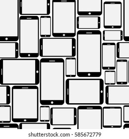Black and white seamless texture of the image smartphones of different sizes. Vector Image.