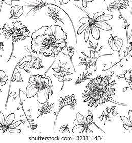 black and white seamless texture with wildflowers