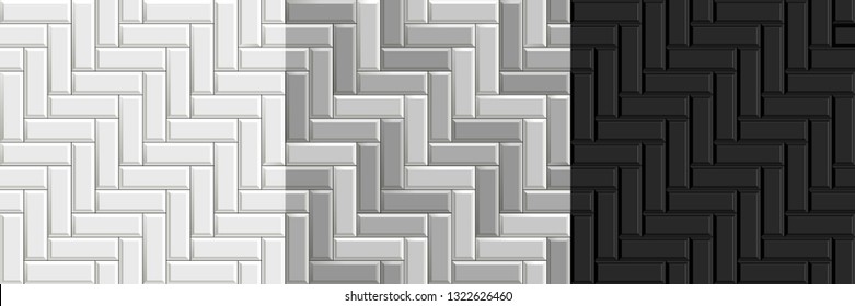Texturas sin fisuras en blanco y negro de tejas de arenque. Conjunto de suelo de pavimentación vectorial en escala de grises