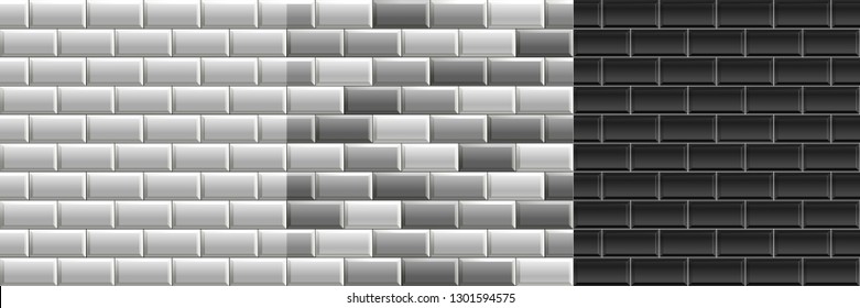 Black and white seamless textures of subway tiles. Set of vector grayscale bricks wall