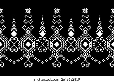 Black and White Seamless Tribal Border Pixel Art Pattern, Elegant Ethnic Textile Design with Abstract Diamond Shapes, Modern Folk Art Decorative Element