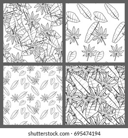 Black and White Seamless Tropical Leaves Floral Vector Pattern Background Wallpaper Design Set
