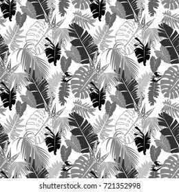 Black and white seamless tropical pattern with exotic foliage. Vector illustration