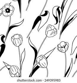 Black and white seamless tulips pattern. 