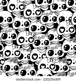 Black and white seamless vector background with cheerful skulls.