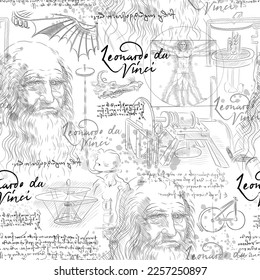 BLACK AND WHITE SEAMLESS VECTOR BACKGROUND WITH LEONARDO DA VINCI SKETCH DRAWINGS