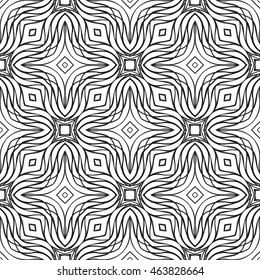 black and white seamless vector background with the image of an abstract flower design, made in the form of simple geometric shapes distortion. For the interior design, graphic arts, fashion design.
