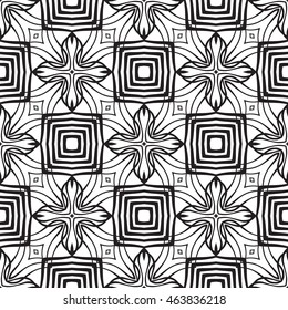 black and white seamless vector background with the image of an abstract flower design, made in the form of simple geometric shapes distortion. For the interior design, graphic arts, fashion design.
