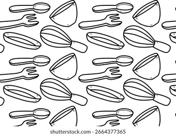 Preto e branco vetor sem costura mão desenhado utensílios de cozinha, batedor, tigela, colher e garfo padrão de papel de parede