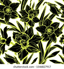Black and white seamless vector illustration of large flowers Narcissus drawn by hand. Fantastic drawing with floral silhouettes and contoures of daffodils.