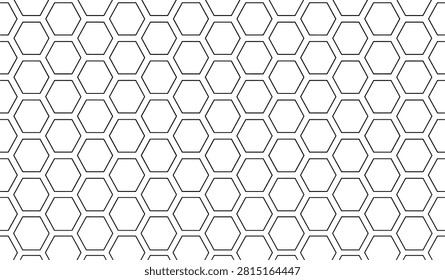 A black and white seamless vector illustration showing a clean geometric layout of hexagonal honeycomb cells or paving blocks. This minimalist line art texture is perfect for construction blueprints, exterior renderings, technology backdrops, and modern flooring designs.