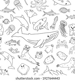 Black white seamless vector pattern cartoon outline isolated sea ocean animals  Whale  dolphin  shark  stingray  jellyfish  fish  stars  crab  king Penguin chick  octopus  fur seal  polar bear