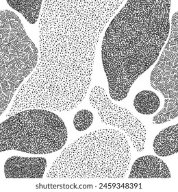 
Black and white seamless vector pattern, rounded spots, shading, lines, specks