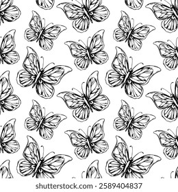 Black and white seamless vector pattern with butterflies.Hand drawn graphic of a butterflySeamless pattern EPS vector.print for background, packaging, textiles