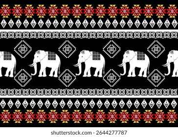 Black and white seamless vector pattern with elephants, a vintage tribal textile design illustration