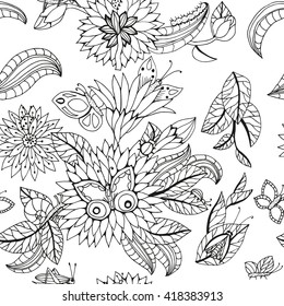 Black and white seamless vector pattern with insects and flowers. Illustration for coloring book or other.