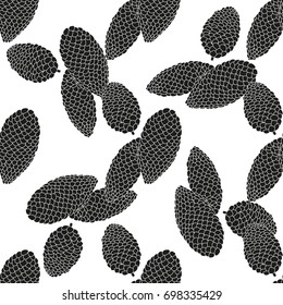 Black and white seamless vector pattern. Silhouettes of fir cones