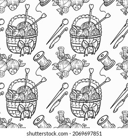 black and white seamless vector patterns for knitters with threads, knitting needles, buttons, flowers