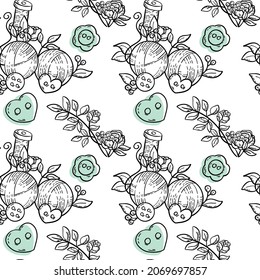 black and white seamless vector patterns for knitters with threads, knitting needles, buttons, flowers