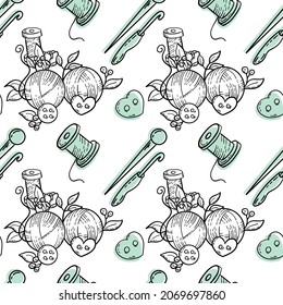 black and white seamless vector patterns for knitters with threads, knitting needles, buttons, flowers