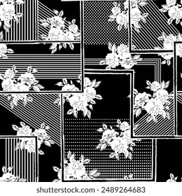 black and white seamless vector stock flowers leaves with retro stripe bandanna pattern on black background