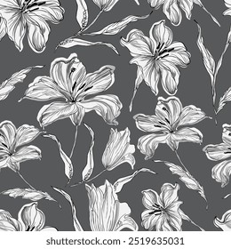 black and white seamless vector stock flowers pattern on grey background