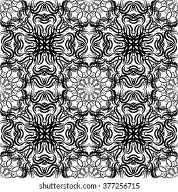 Black and white seamless vector texture, tribal boho decorative ornament. Folk floral background. Ukrainian, Balkan or Caucasian ethnic embroidery