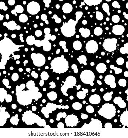 Black and white seamless watercolor pattern. Set of white watercolor stain silhouettes on black background. 