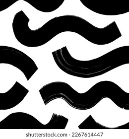 Black and white seamless wavy pattern. Curly grunge paint bold lines. Abstract background with wide grunge brush strokes. Vector geometric pattern. Black and white ornamental print for t-shirts