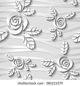 Black  and white seamless wavy pattern with roses.  3D vector abstract background. 