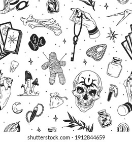 Black and white seamless witchcraft pattern with mystic attributes. Endless texture with scull, bones, tarot cards, runes, jars with potion, voodoo doll and witch hand. Monochrome vector illustration
