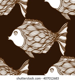 Black and white Seamless Zentangle fish background. Vector illustration image