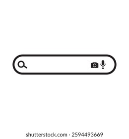 Black and white search bar with a magnifying glass camera and microphone icons