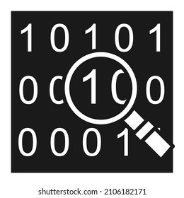 Black and white search in binary code. One and zero in magnifying glass. Big data analysis. Vector illustration for web site or application