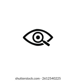 Black and white search icon with magnifying glass over eye on white background.