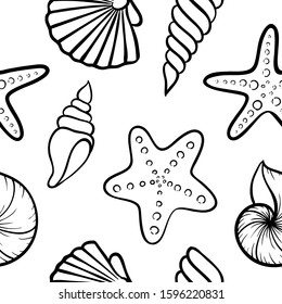 Black and white Seashell seamless pattern. design for holiday greeting card and invitation of seasonal summer holidays, summer beach parties, tourism and travel.