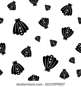 Black and white seashell seamless pattern. Adorable ocean pattern. Whimsical nautical hand drawn vector design in flat cartoon style