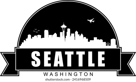 Schwarz-Weiß Seattle Washington Gebäude skyline negative Luft Raum Silhouette Kuppel geformt Emblem mit Scrollbanner unten und Namen Text innen. Vektorgrafik-Design.