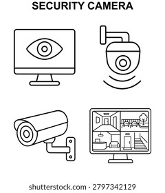 Black and white security camera icon set with monitor eye, hanging dome camera, wall camera and multi screen surveillance display