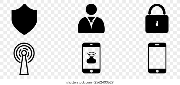 Black and White Security, Communication, and Mobile Device Icons on Transparent Background Vector Set