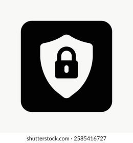 Black and white security icon with a shield and padlock. The shield symbolizes protection. The padlock emphasizes security and safety. Simple security design. User interface icon vector.