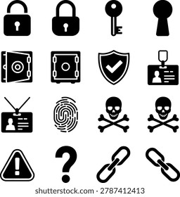 Black White Security Privacy Protection Technology Safety Icons Featuring Locks Keys Shields and Alert Symbols